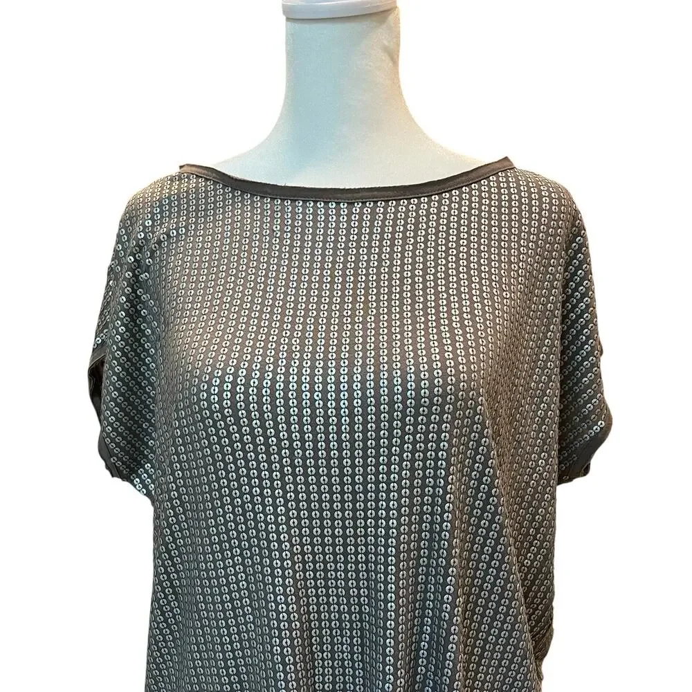 Vince Tunic Top Womens Medium Taupe Metallic Silver Sequins Short Sleeve Draped - Picture 3 of 11